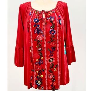 THE PIONEER WOMEN PRINTED VELVET PEASANT BLOUSE 2XL ARTISANAL RED NWT